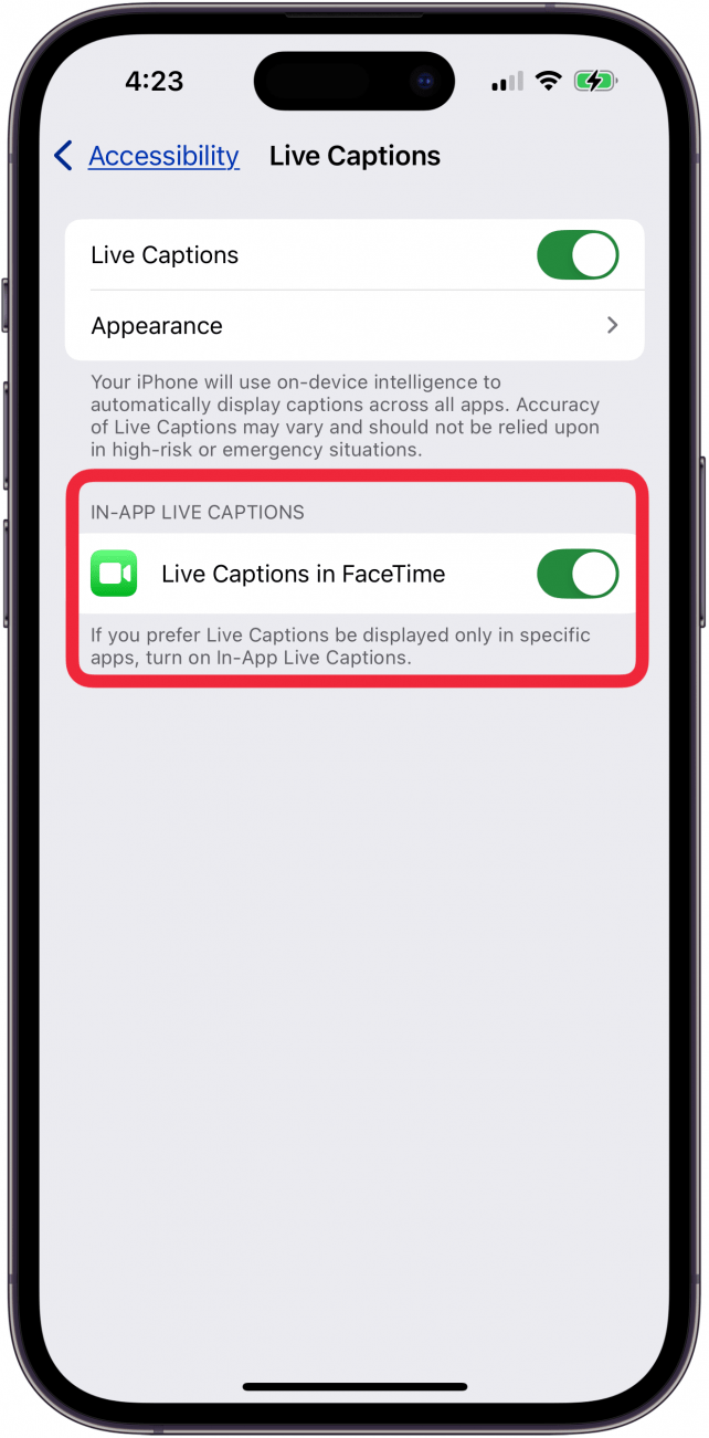 toggle on live captions in facetime