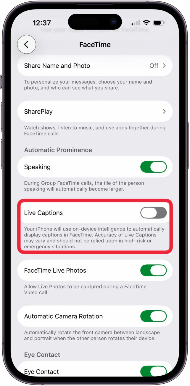 toggle on live captions in facetime