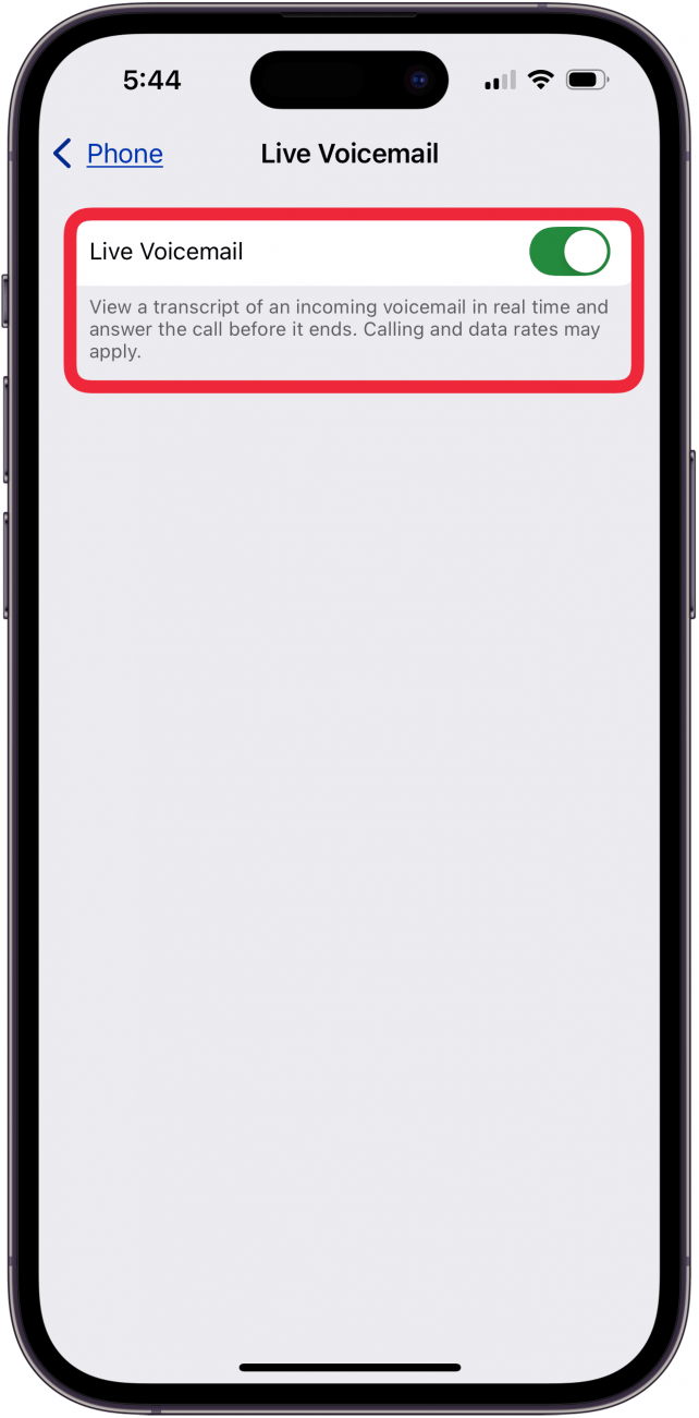 toggle on live voicemail