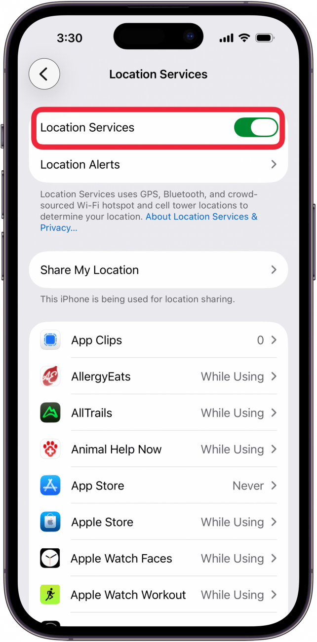 toggle on location services