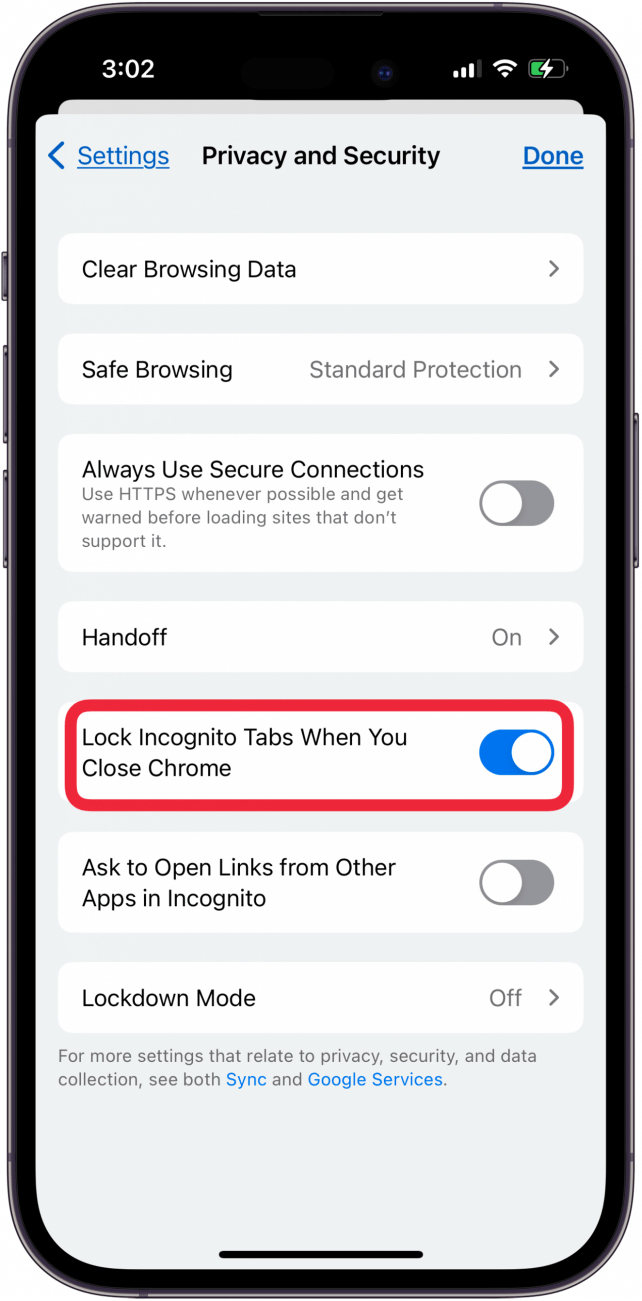 toggle on lock incognito tabs when you close chrome