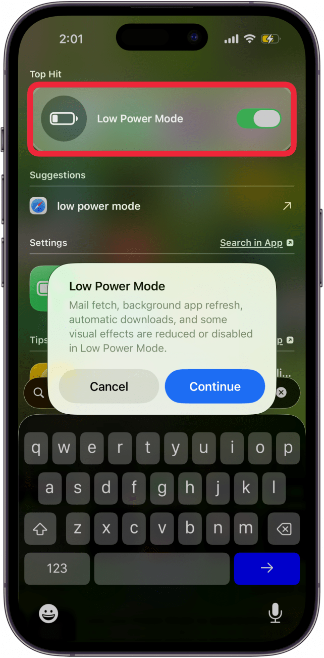 toggle on low power mode