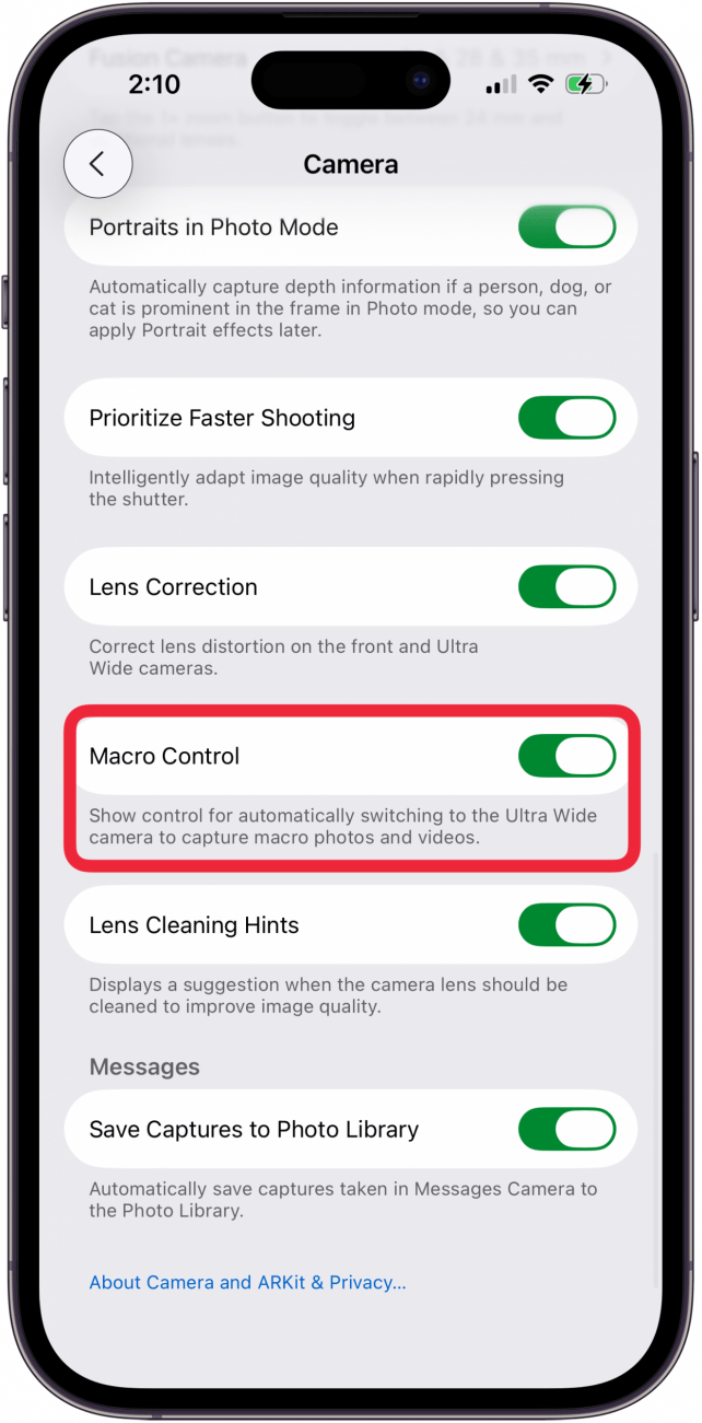 toggle on macro control in camera settings