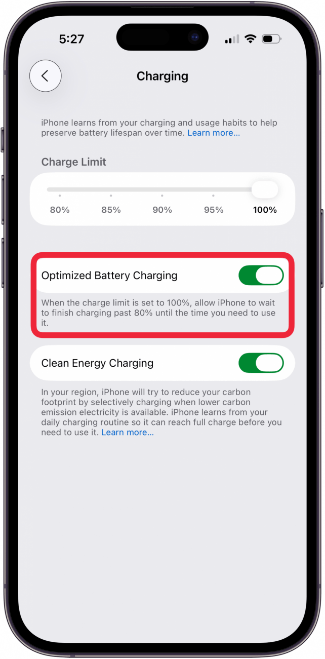 toggle on optimized battery charging