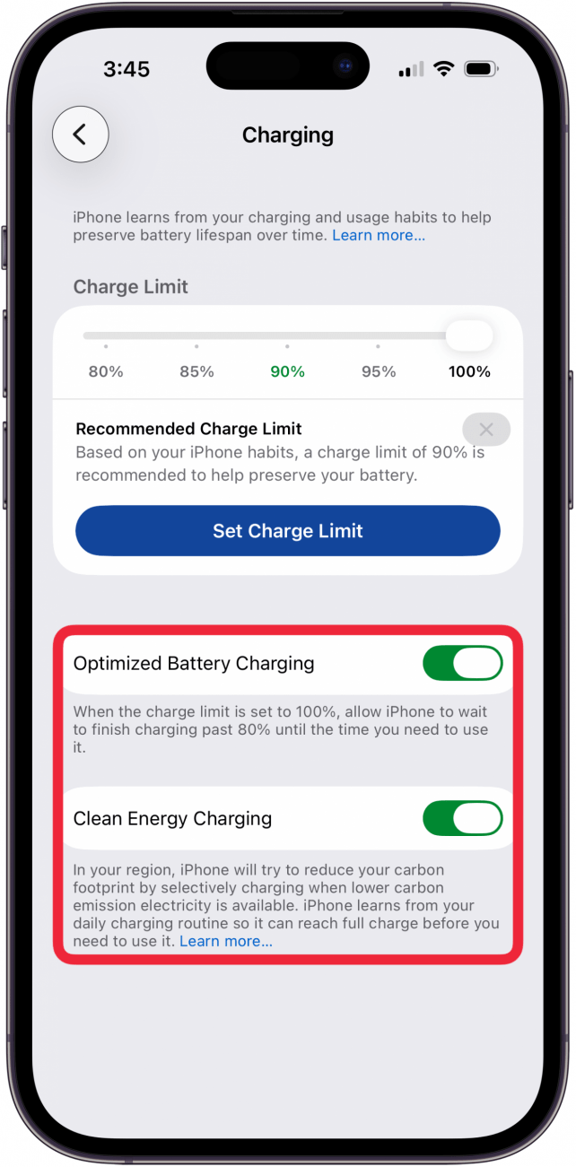toggle on optimized battery charging