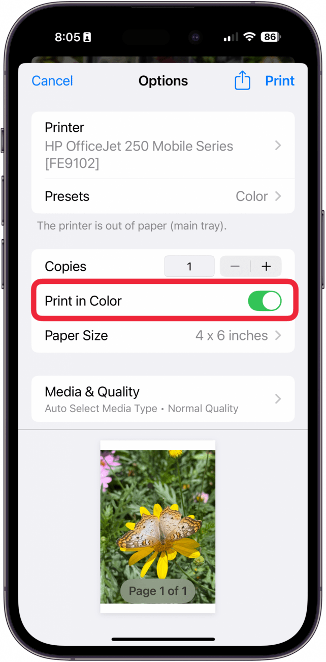 toggle on print in color or leave off for black and white