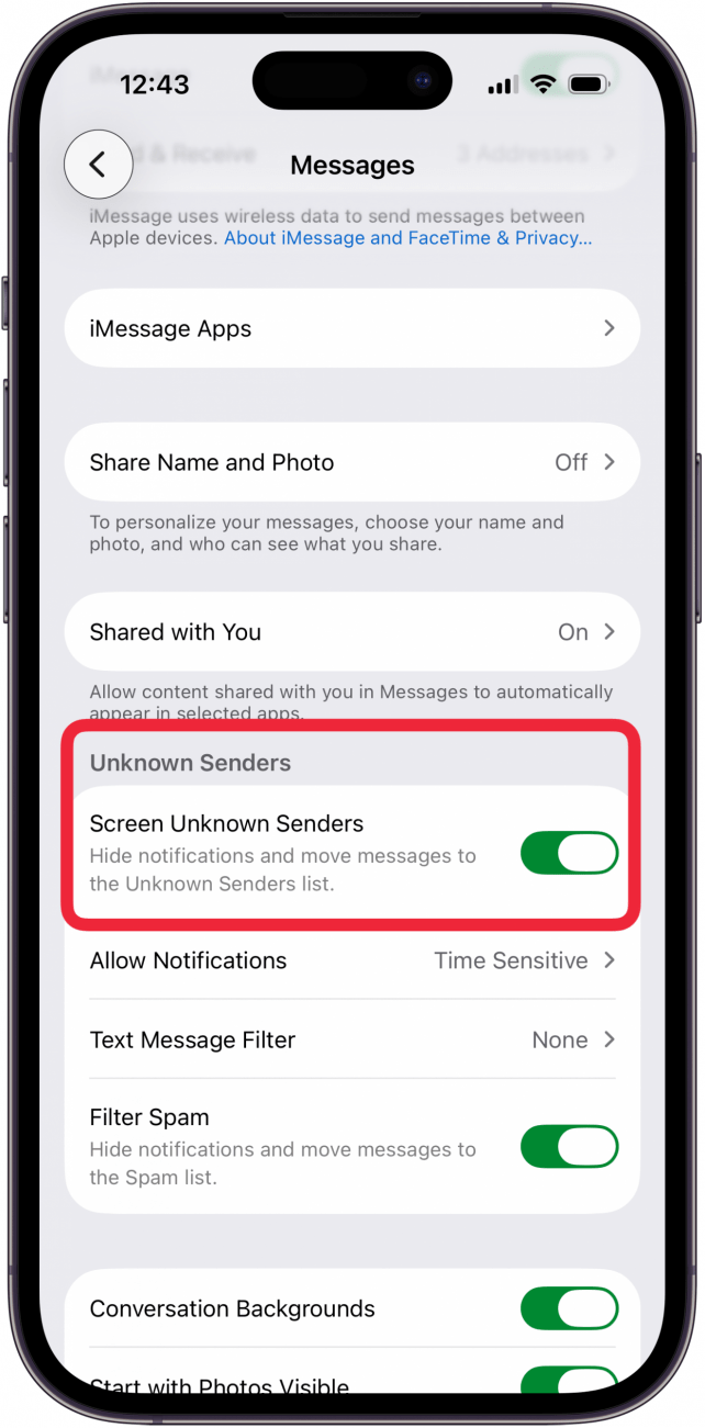 toggle on screen unknown senders