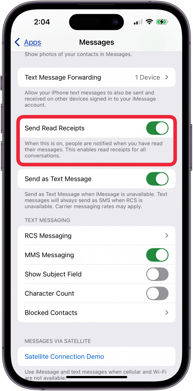 toggle on send read receipts