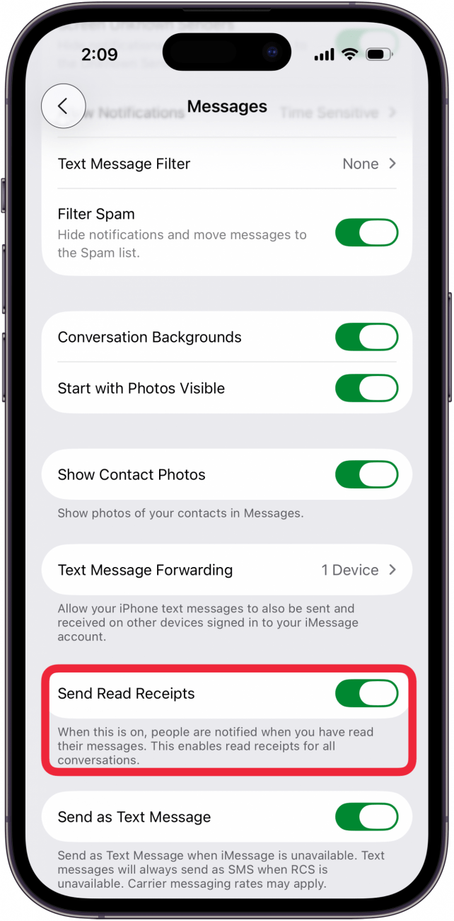 toggle on send read receipts