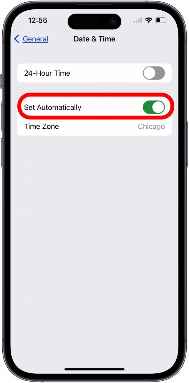 toggle on set automatically in date and time settings