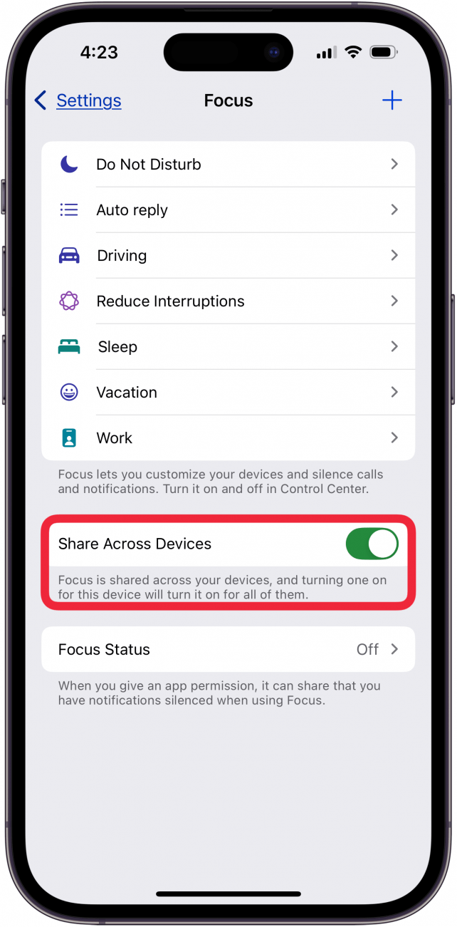 toggle on share across devices if iphone focus mode not working