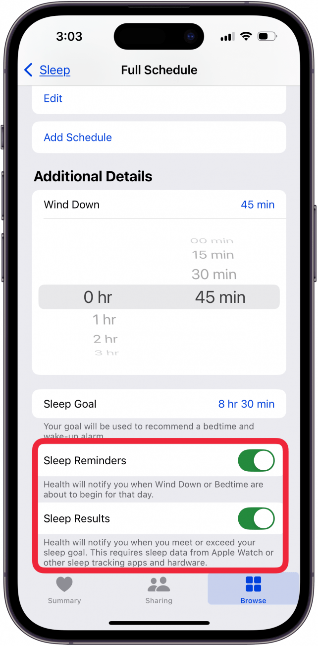toggle on sleep reminders and sleep results if desired