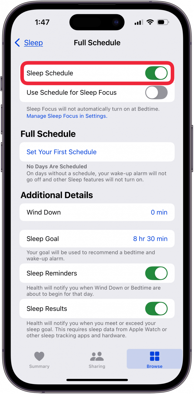 toggle on sleep schedule toggle on sleep schedule