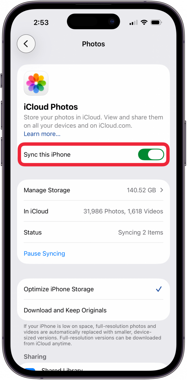 toggle on sync this iphone