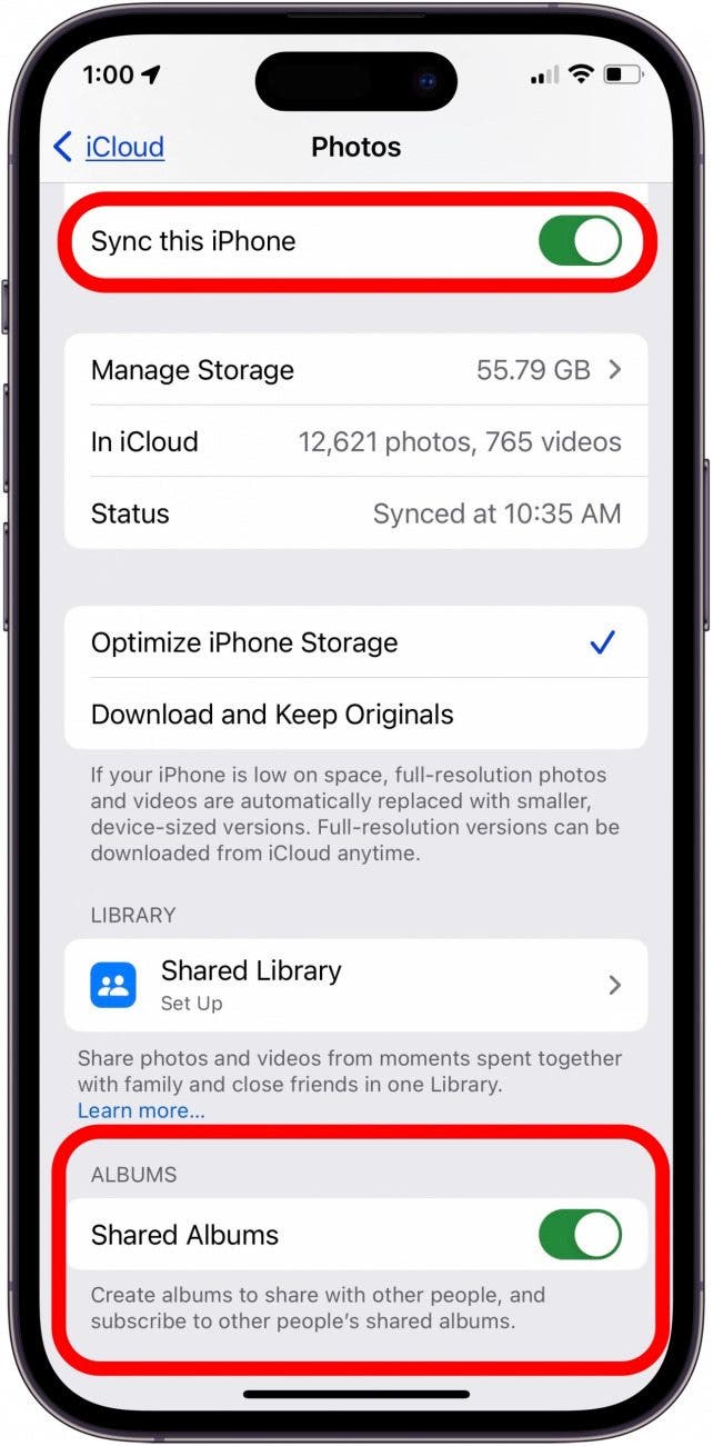 toggle on sync this iphone and shared albums in settings