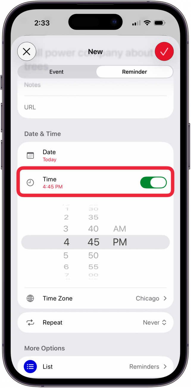 toggle on time and set reminder time