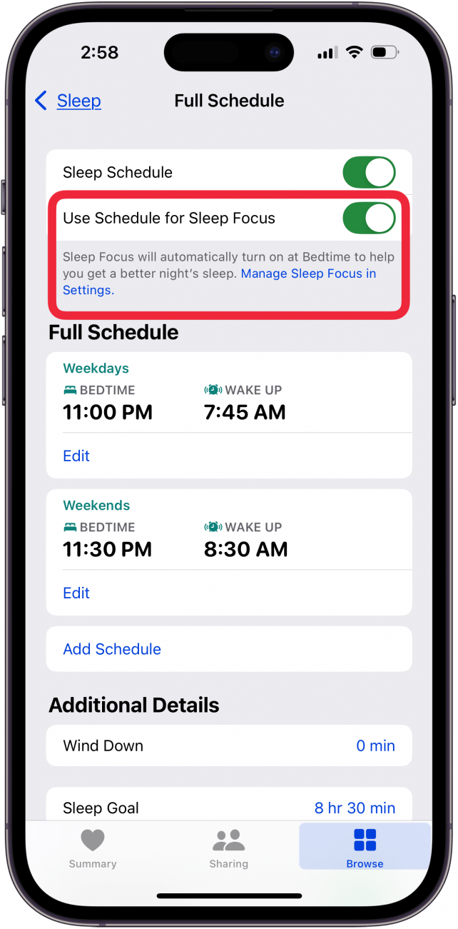 toggle on use schedule for sleep focus toggle on use schedule for sleep focus