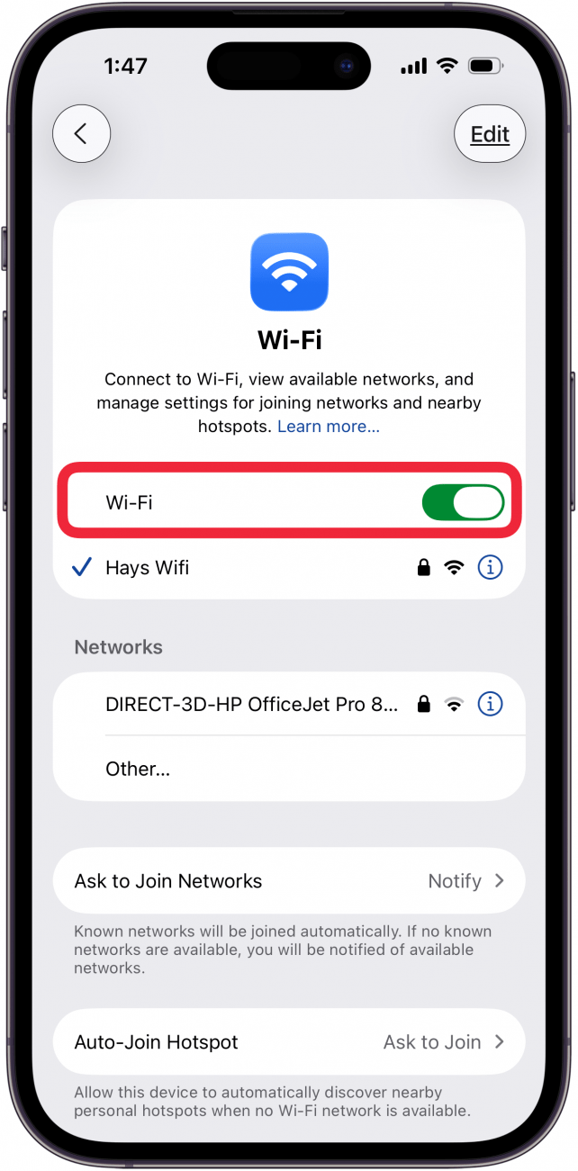 toggle on wifi in settings app toggle on wifi in settings app