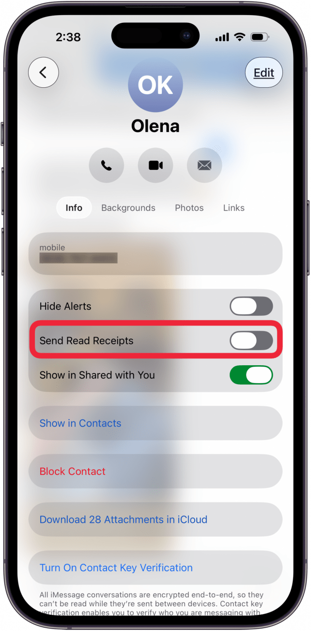 toggle send read receipts on or off