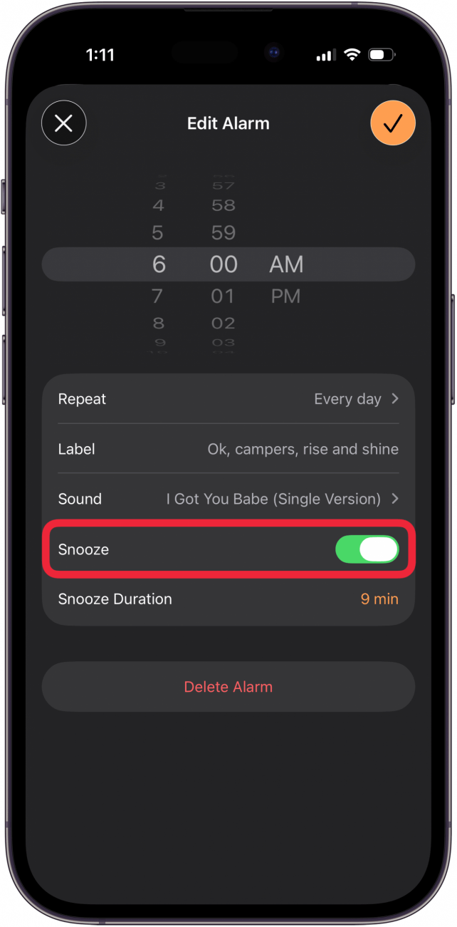toggle snooze off or on