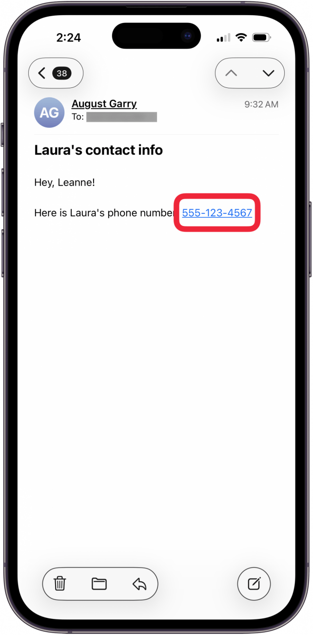 touch and hold phone number in email
