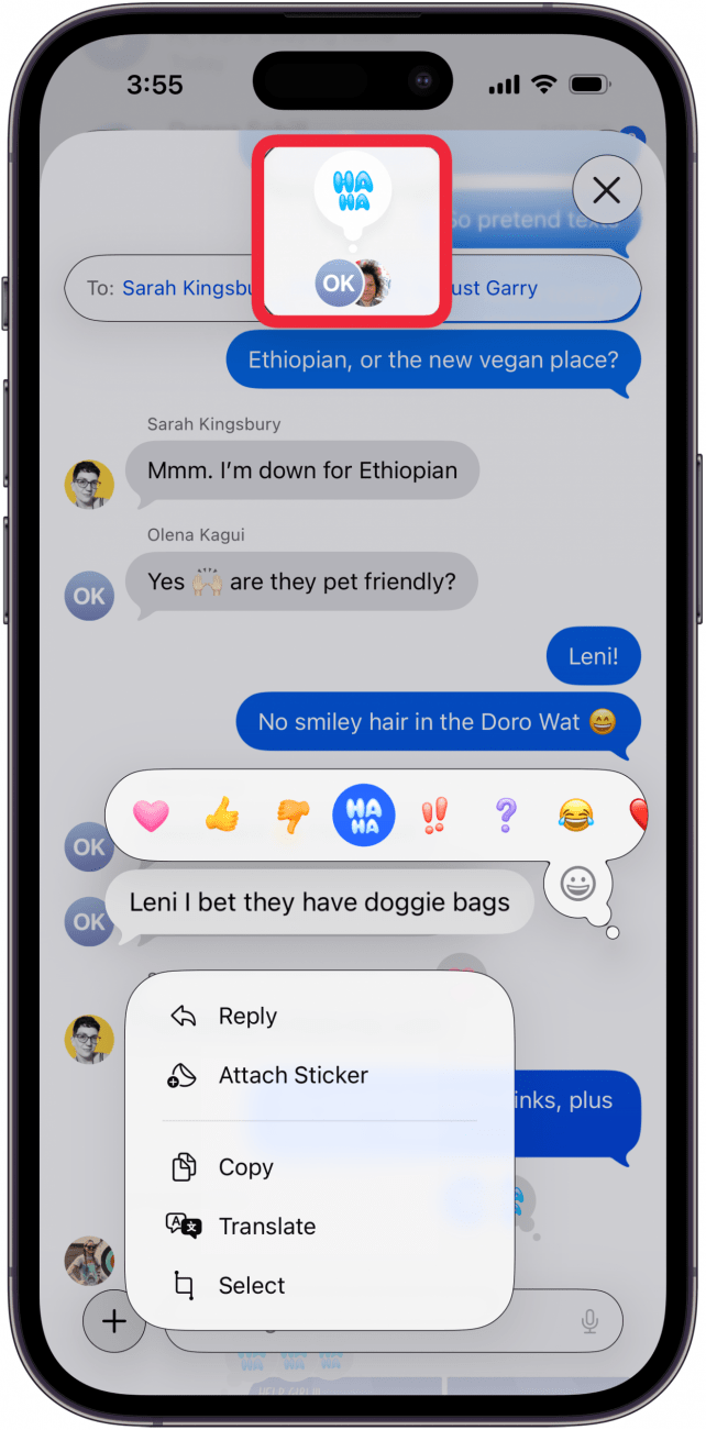 touch and hold text message reaction