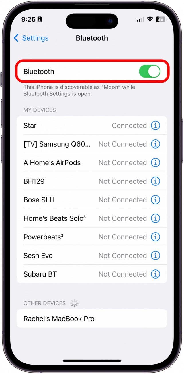 Toggle Bluetooth on or off. It will be green when enabled or gray when disabled.