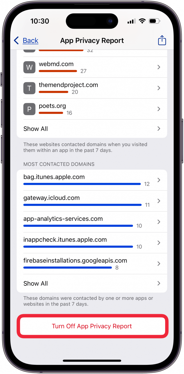 turn off app privacy report
