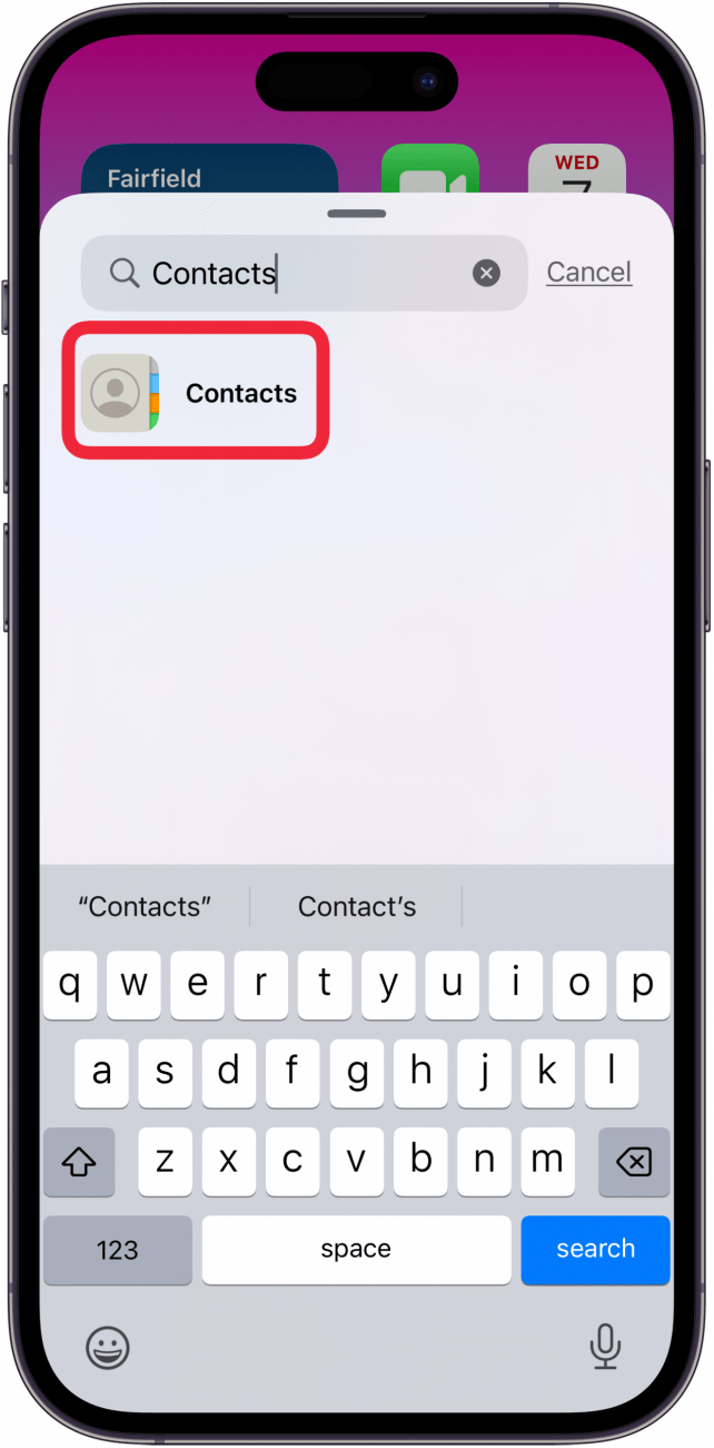 type contacts in search field then tap contacts