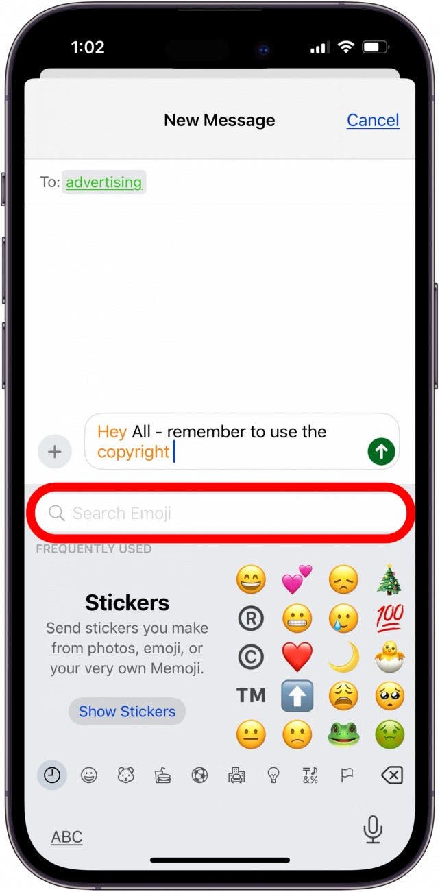 type copyright trademark or registered in search emoji field