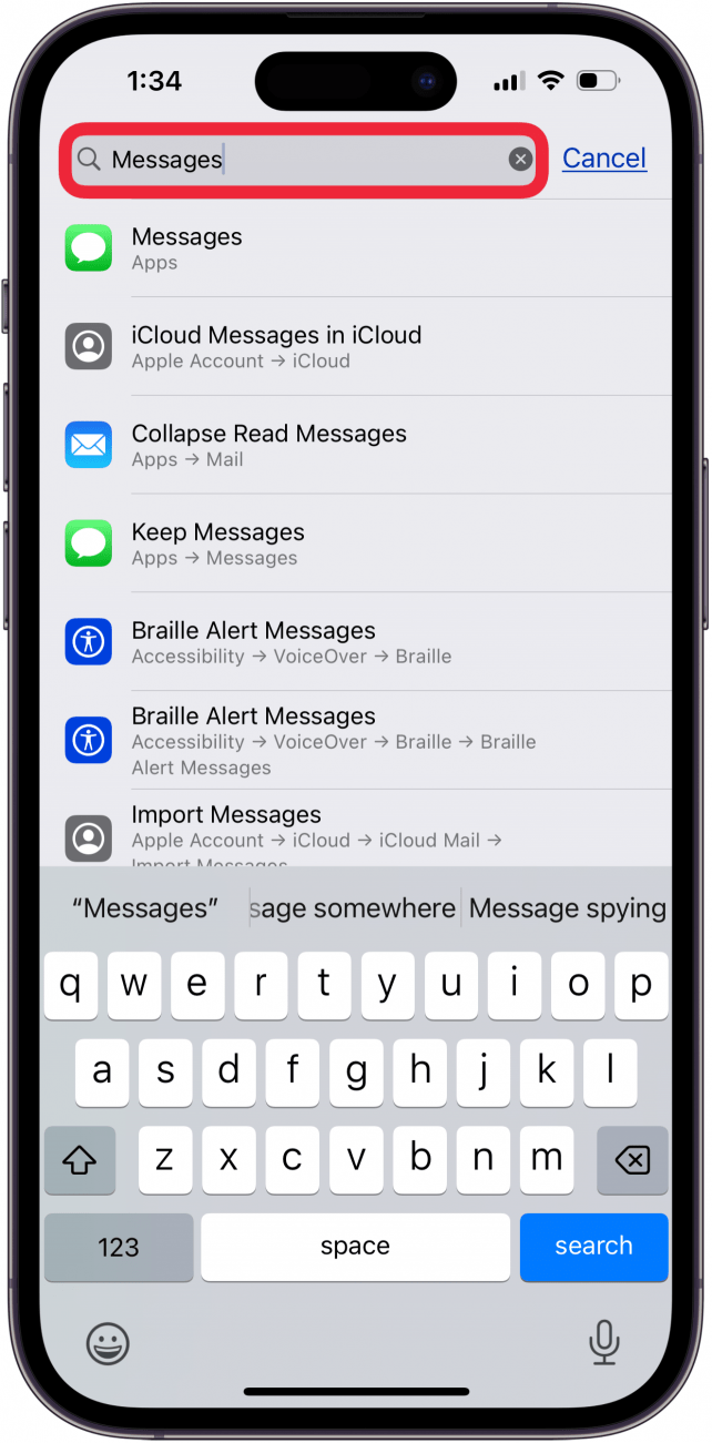 type name of app into iphone settings search bar
