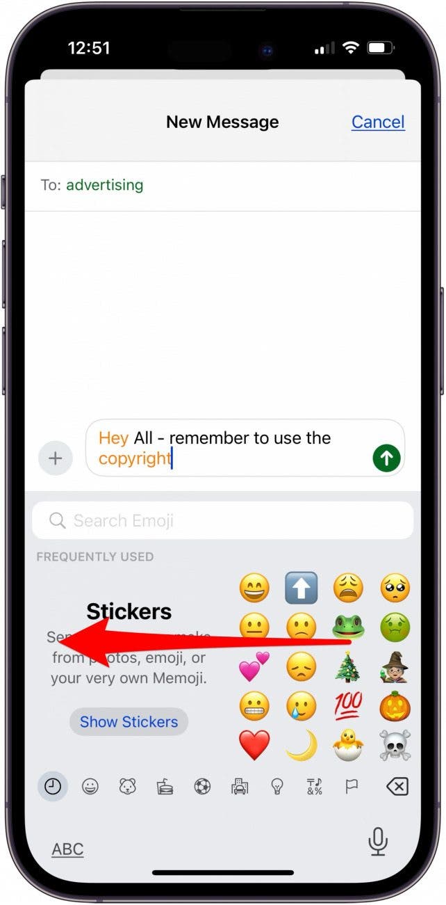 type r circle symbol on keyboard iphone by swiping left across emojis