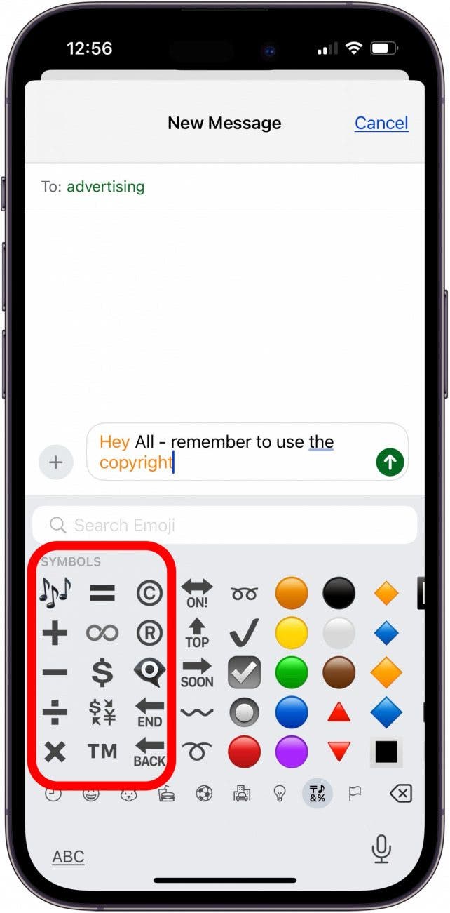 type r circle symbol on keyboard iphone by tapping emoji