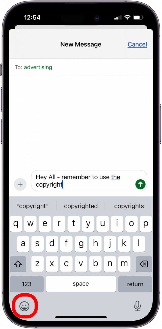 type r circle symbol on keyboard iphone by tapping smiley face icon