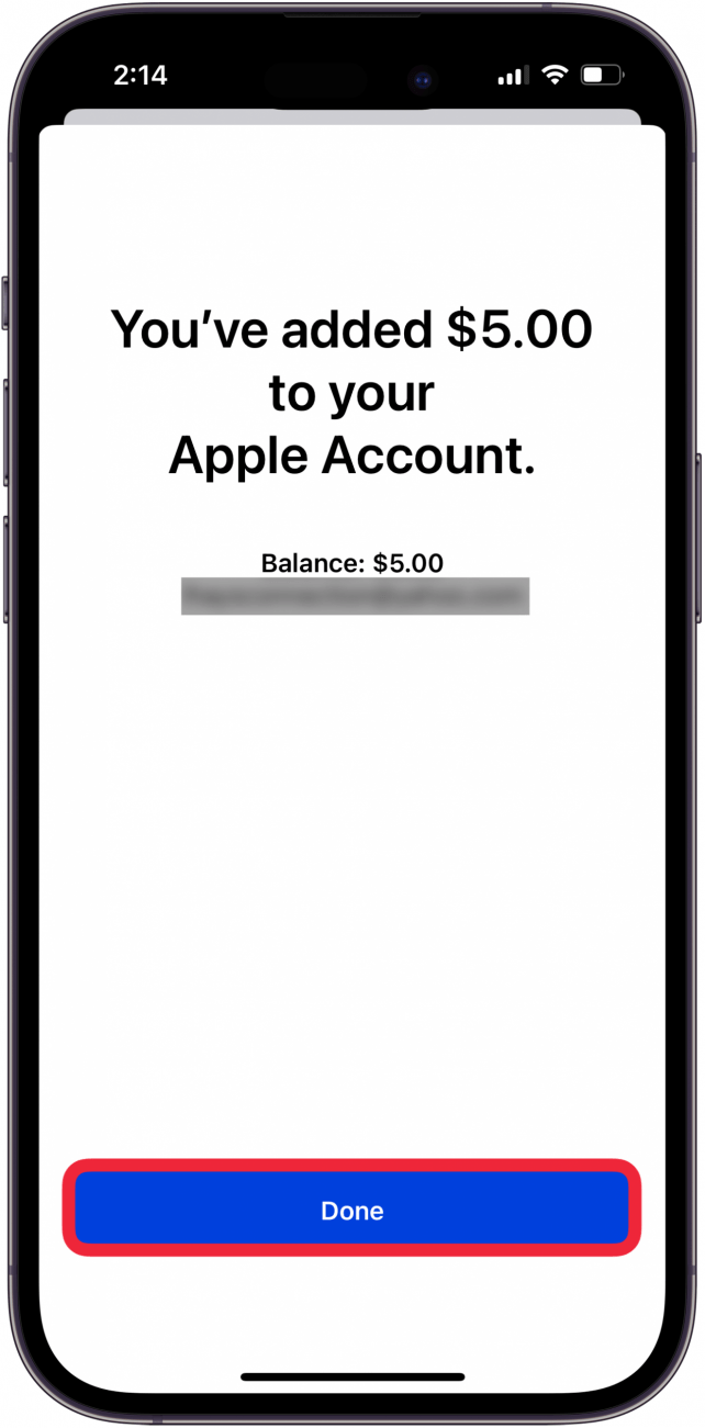 your new balance is shown, tap done your new balance is shown, tap done