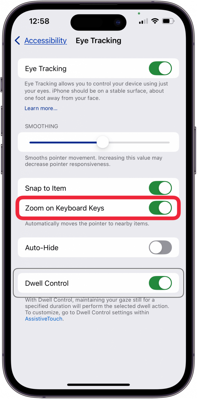 zoom on keyboard keys eye tracking setting