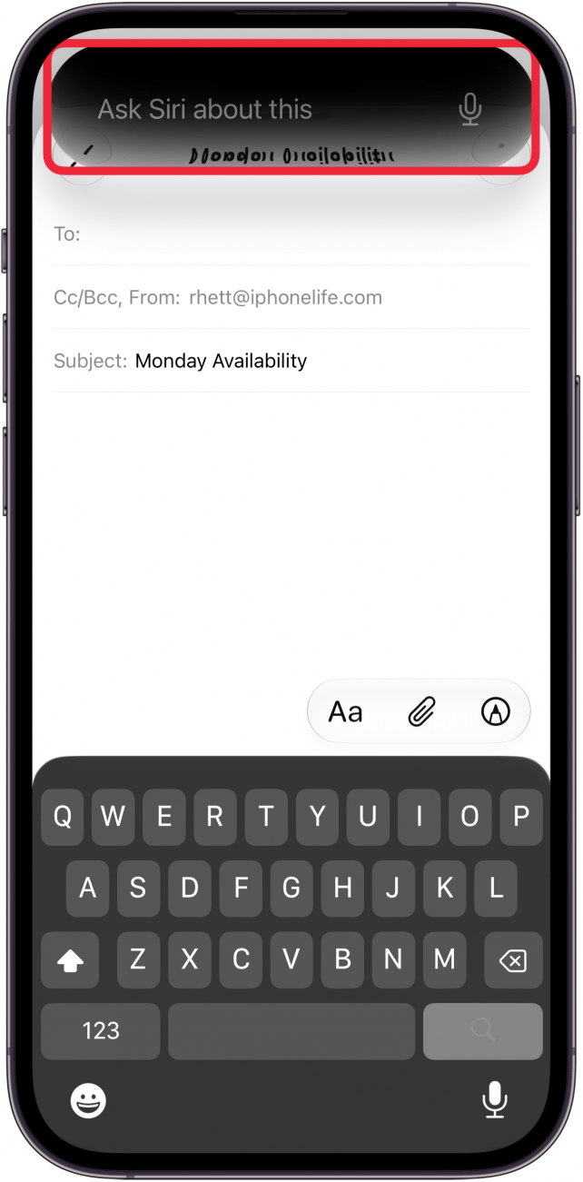 a screenshot of the mail app on iphone displaying a siri overlay with a red box around the siri prompt box