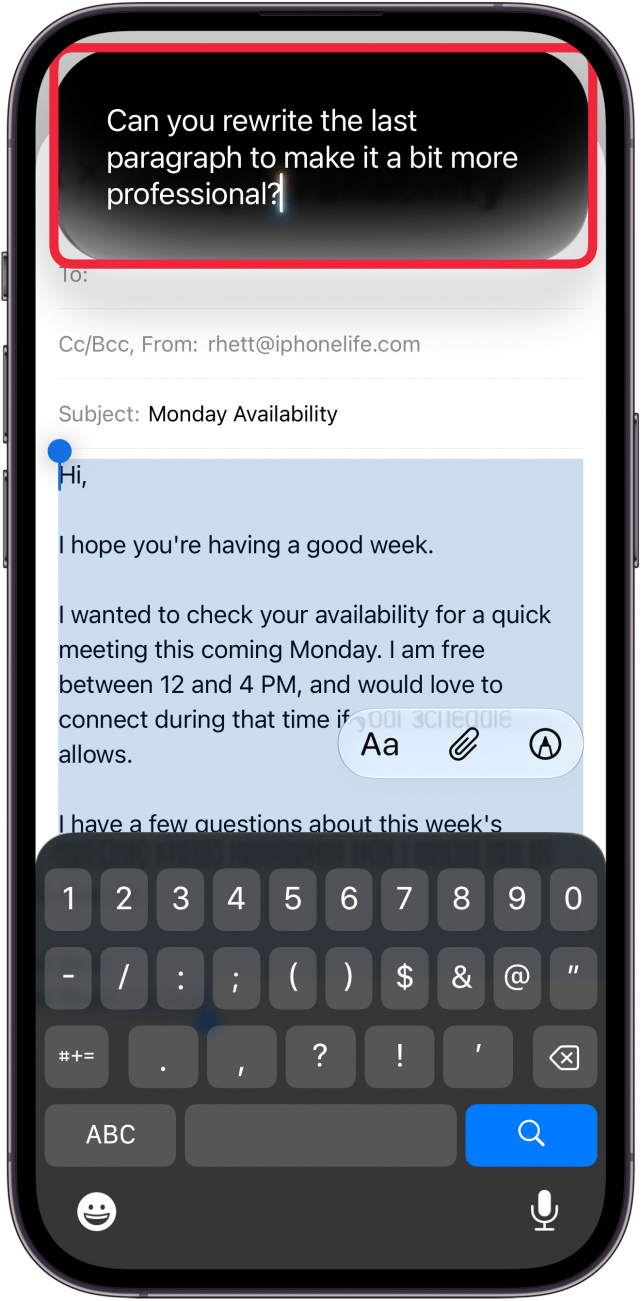 a screenshot of the mail app on iphone displaying a siri overlay with revision requests