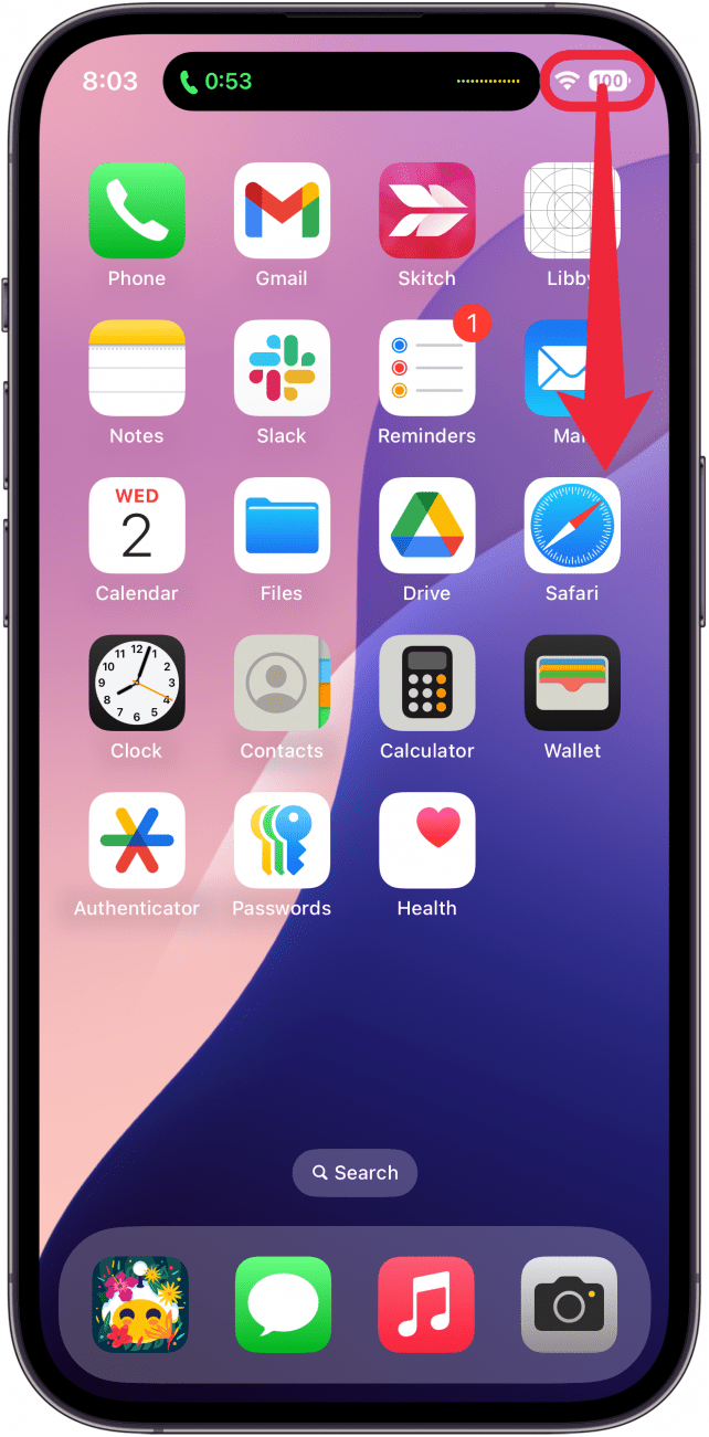 iphone home screen with a red arrow pointing downward from the top right, indicating to swipe down and open the control center