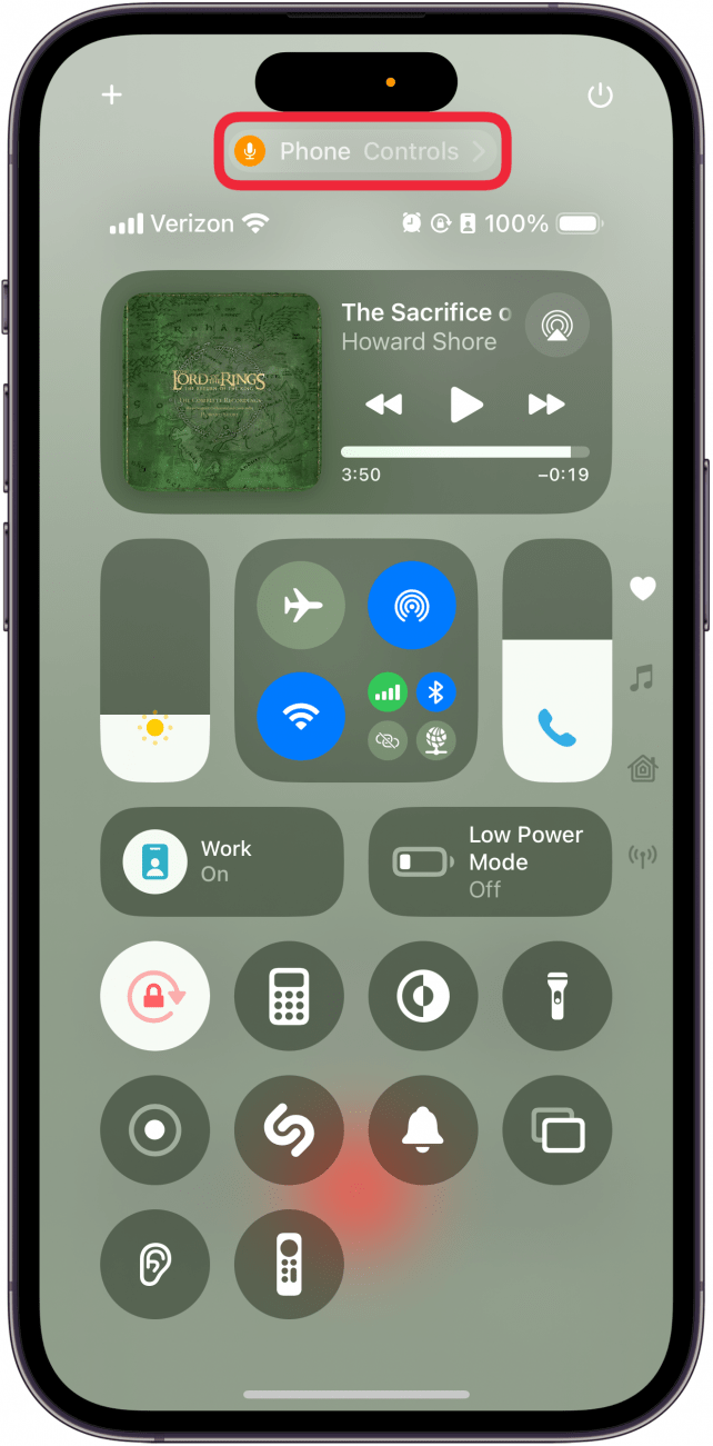 iphone control center with a red box around Phone Controls