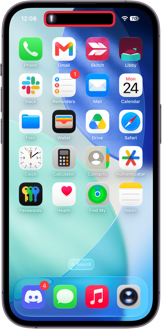 a screenshot of the iphone home screen displaying a flashlight icon in the dynamic island and a red box around the dynamic island