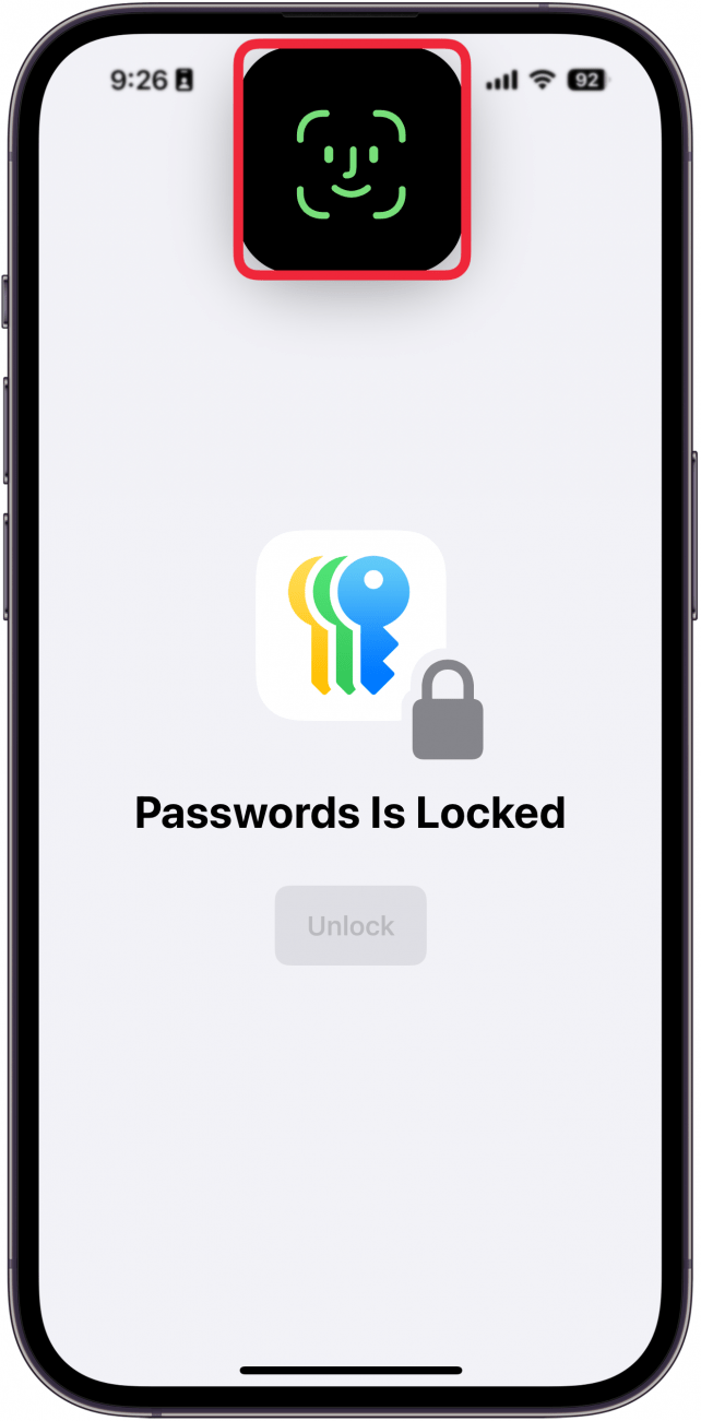 iphone passwords app displaying face id prompt with a red box around face id icon