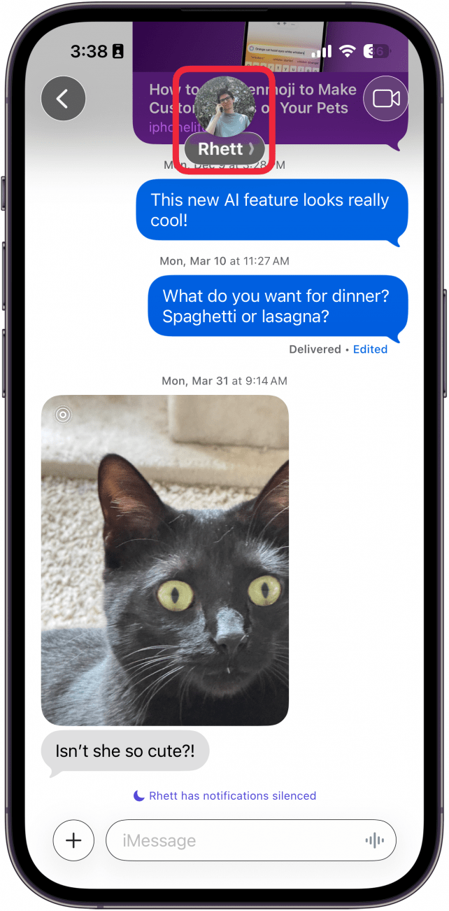 a screenshot of a conversation in the messages app with a red box around the contact name