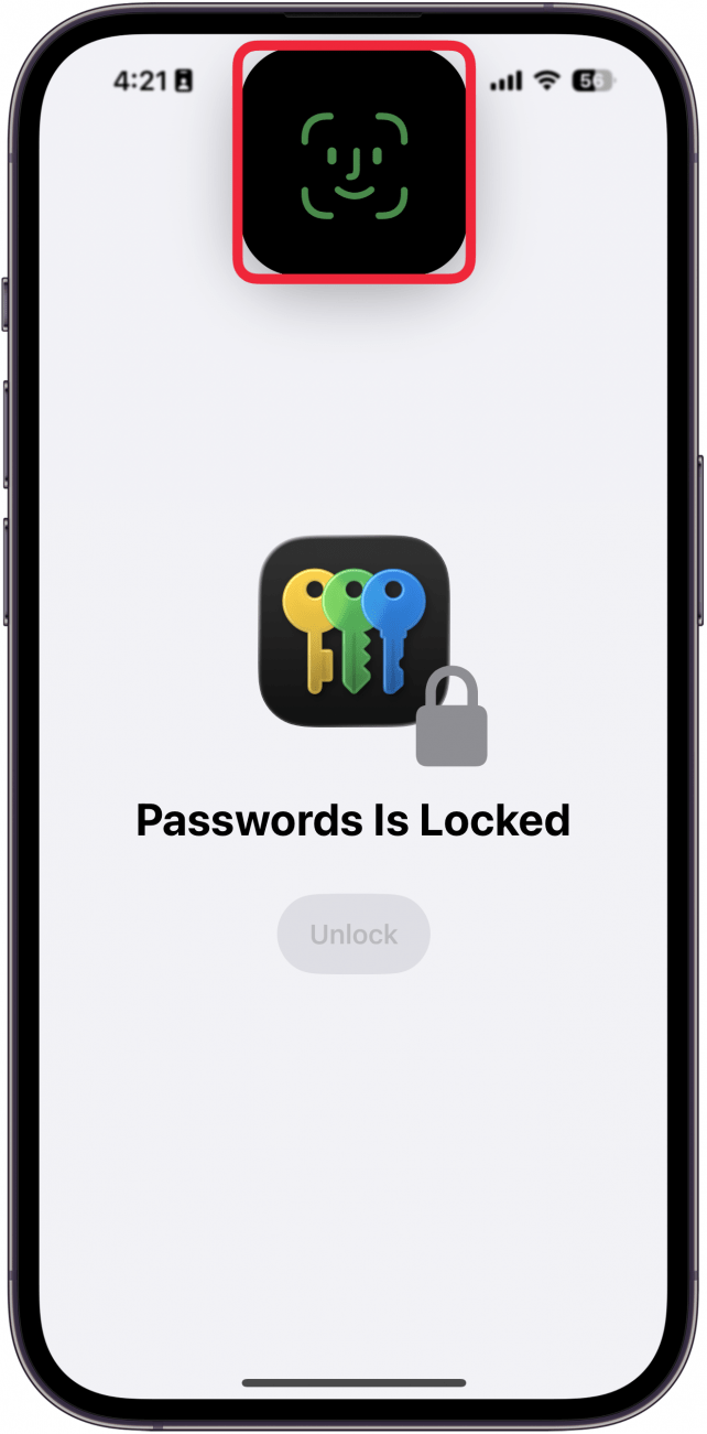 a screenshot of the passwords app displaying a face id prompt with a red box around it