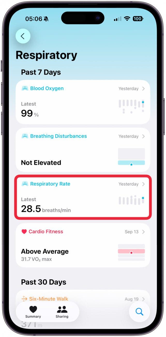 Tap Show More Respiratory Rate Data.