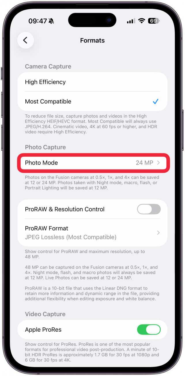 Under Photo Capture tap Photo Mode.