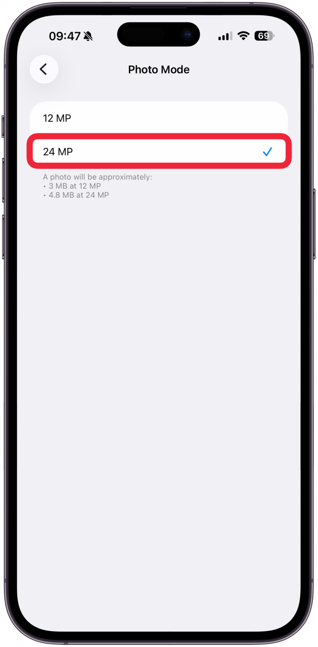 Make sure the higher number is selected, in my case that is 24 MP.
