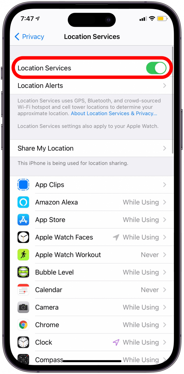 Make sure Location Service is toggled on