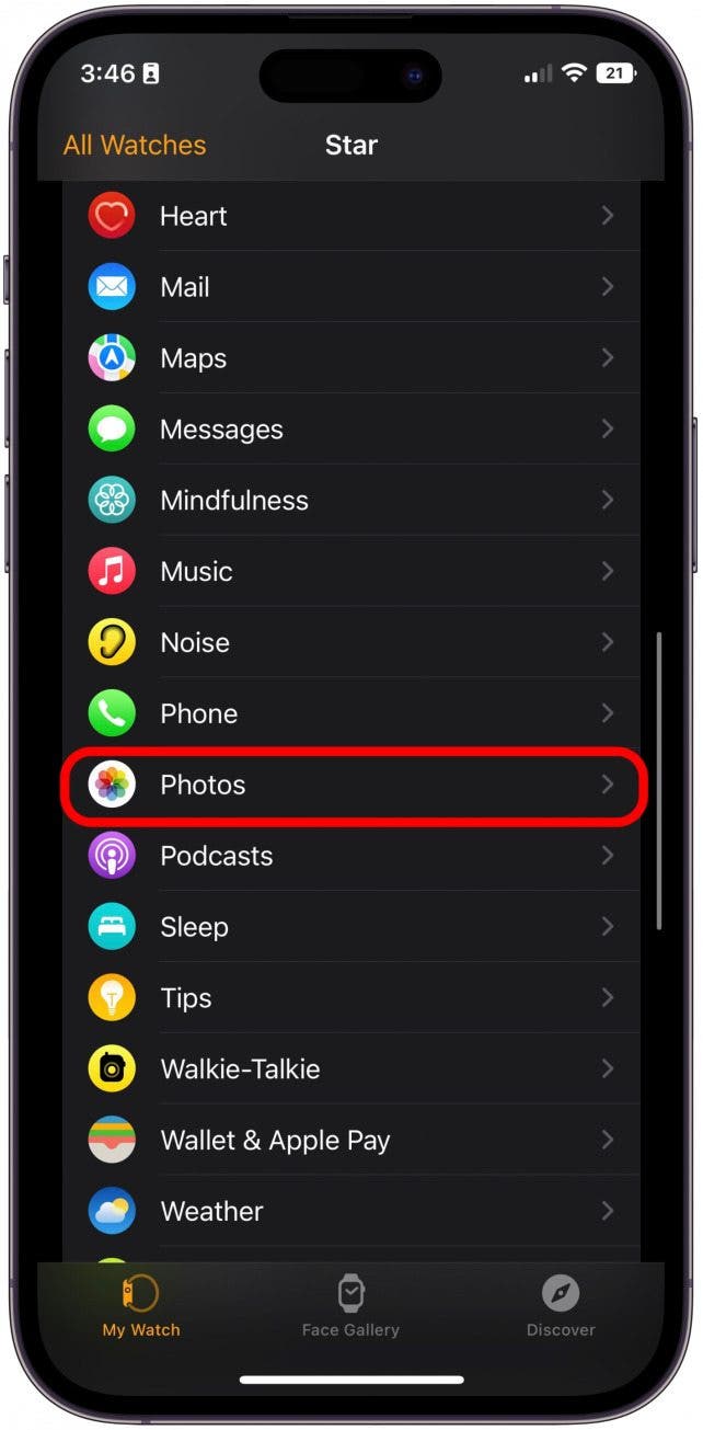 In the My Watch tab, scroll down to Photos.