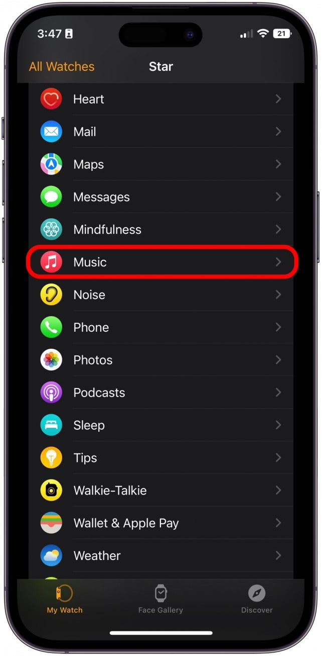 In the My Watch tab, scroll down to Music.